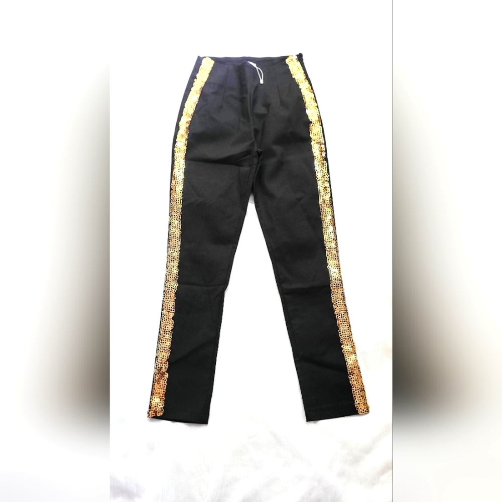 NWOT! Black Tie Fall GOLD Sequin Stripe Women's Tuxedo Formal Party Pant Small